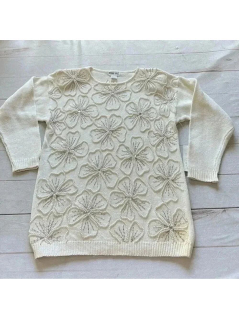 Vintage Victoria Jones Flowers Sequins Beaded Long Sleeves Sweater Size …